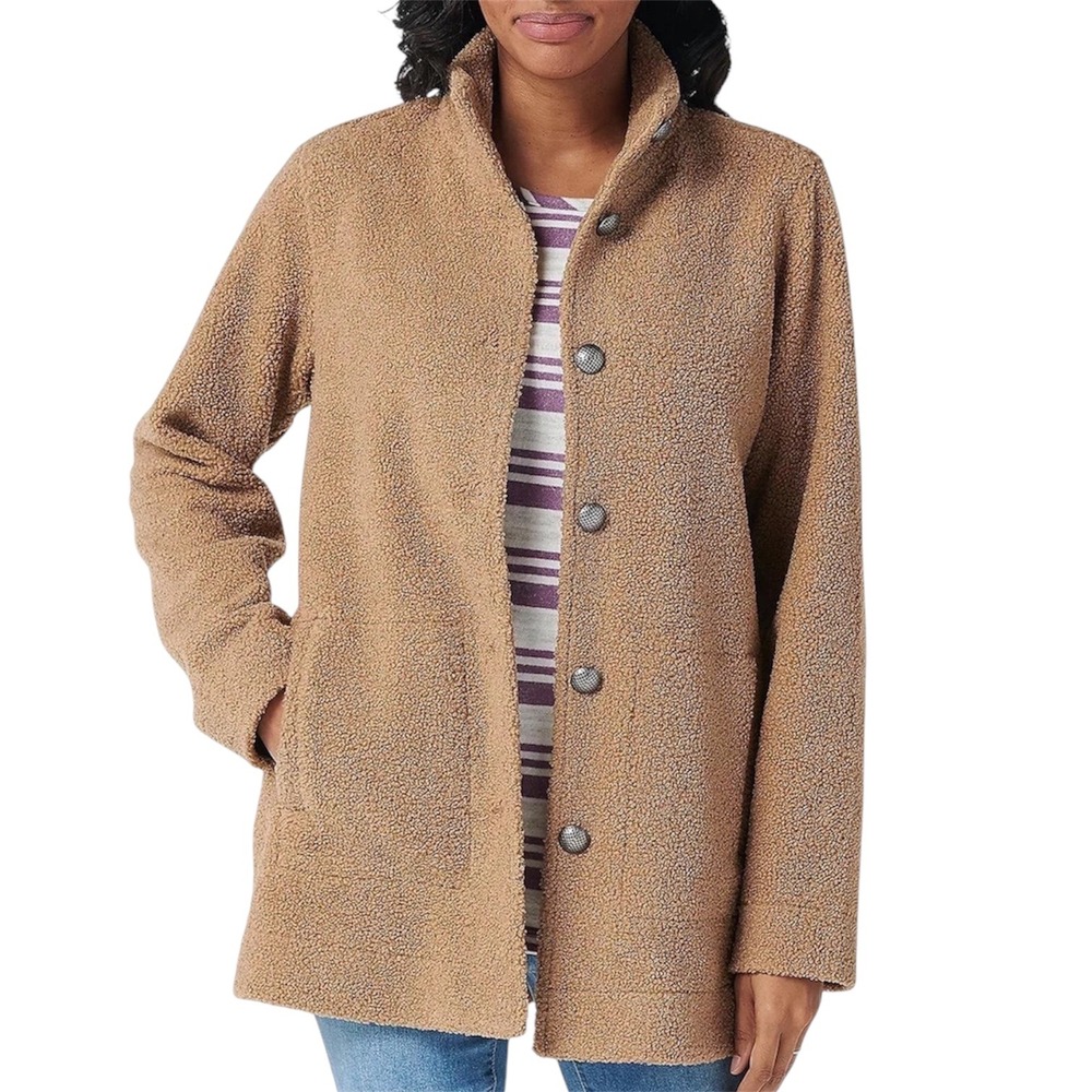 Susan Graver Weekend Sherpa Fleece Button Front Jacket Tan Ladies Large